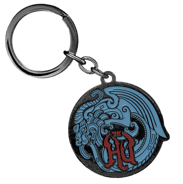 Keychain with blue and red The Hu design on a white background